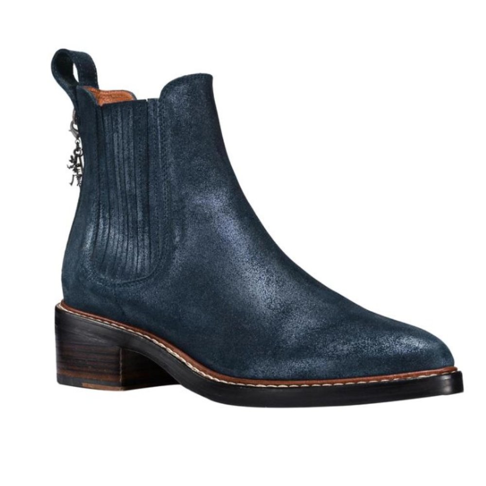 Coach Chelsea Bowery Blue Pewter Suede Crusted Finish Charm Back Boots/Booties